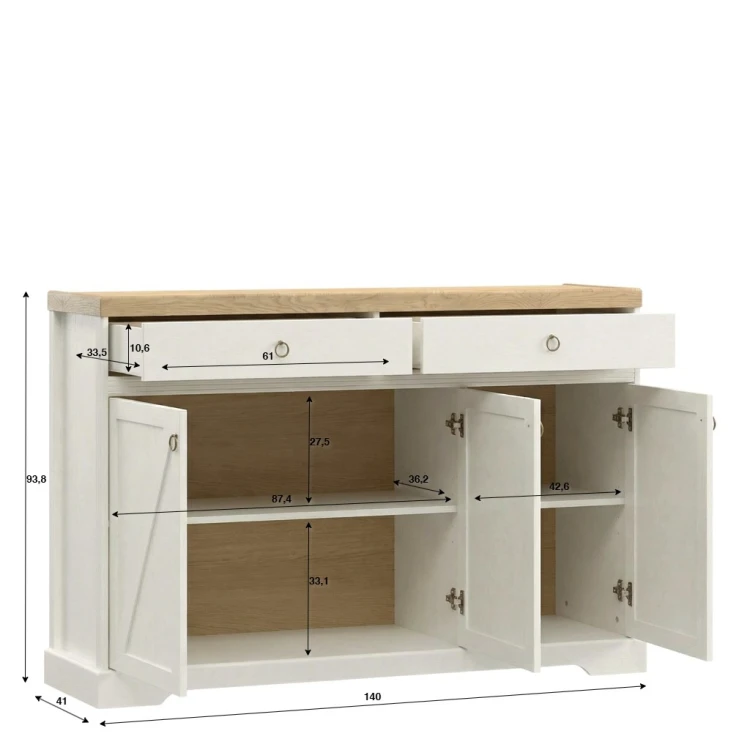Techniczny rysunek komody Barn K3D2S z naniesionymi liniami wymiarowymi, wskazującymi dokładną szerokość 140 cm, głębokość 41 cm oraz wysokość całkowitą 94 cm.