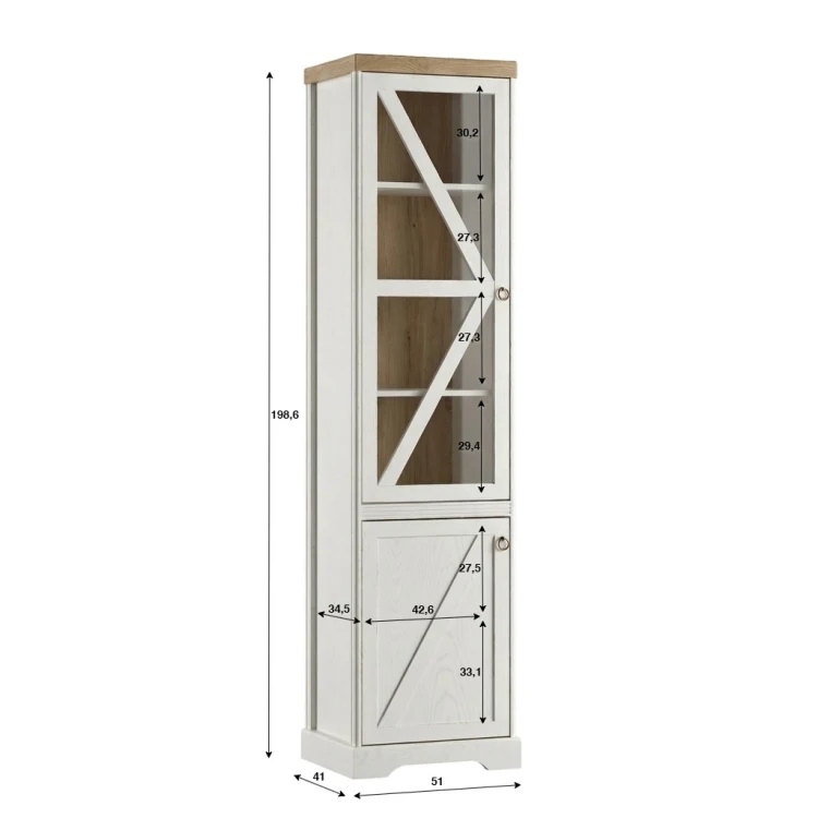 Techniczny rysunek witryny stojącej Barn W1D z naniesionymi liniami wymiarowymi, wskazującymi szerokość 50.5 cm, głębokość 41 cm oraz wysokość 199 cm.