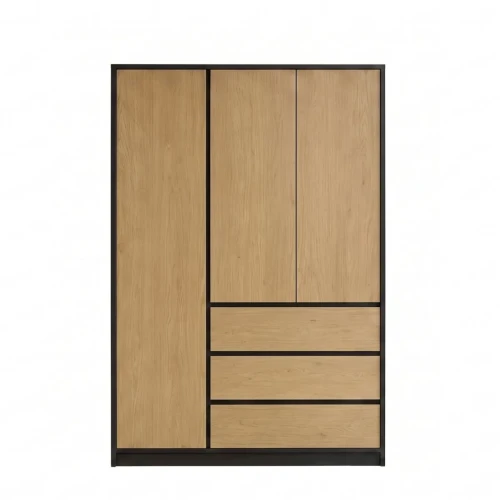 Nowoczesna trzydrzwiowa szafa ubraniowa Tatsu o szerokości 138 cm w dekorze Dąb Mavelie z szufladami i zamkniętymi frontami, widok z przodu na białym tle.