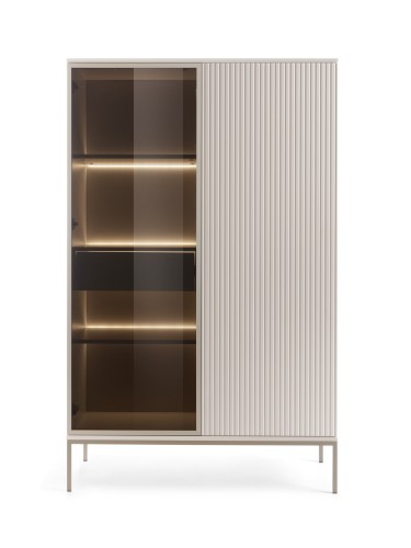 Witryna Sento WTSZ104 LED kaszmir, ryflowane fronty MDF po prawej stronie, szklane drzwi z podświetlanymi półkami po lewej