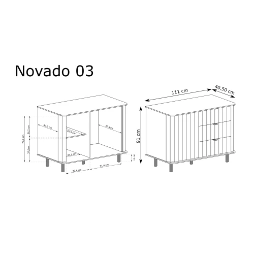 Komoda Novado NOVADO-3 Biel Alpejska – rysunek techniczny z wymiarami